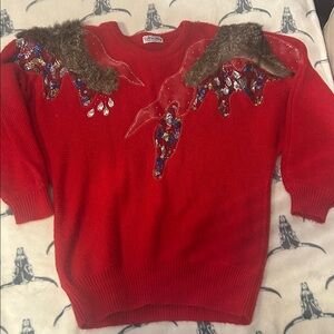Vintage 80’s Rabbit Red Fur Sequin shoulder pads knit acrylic sweater L